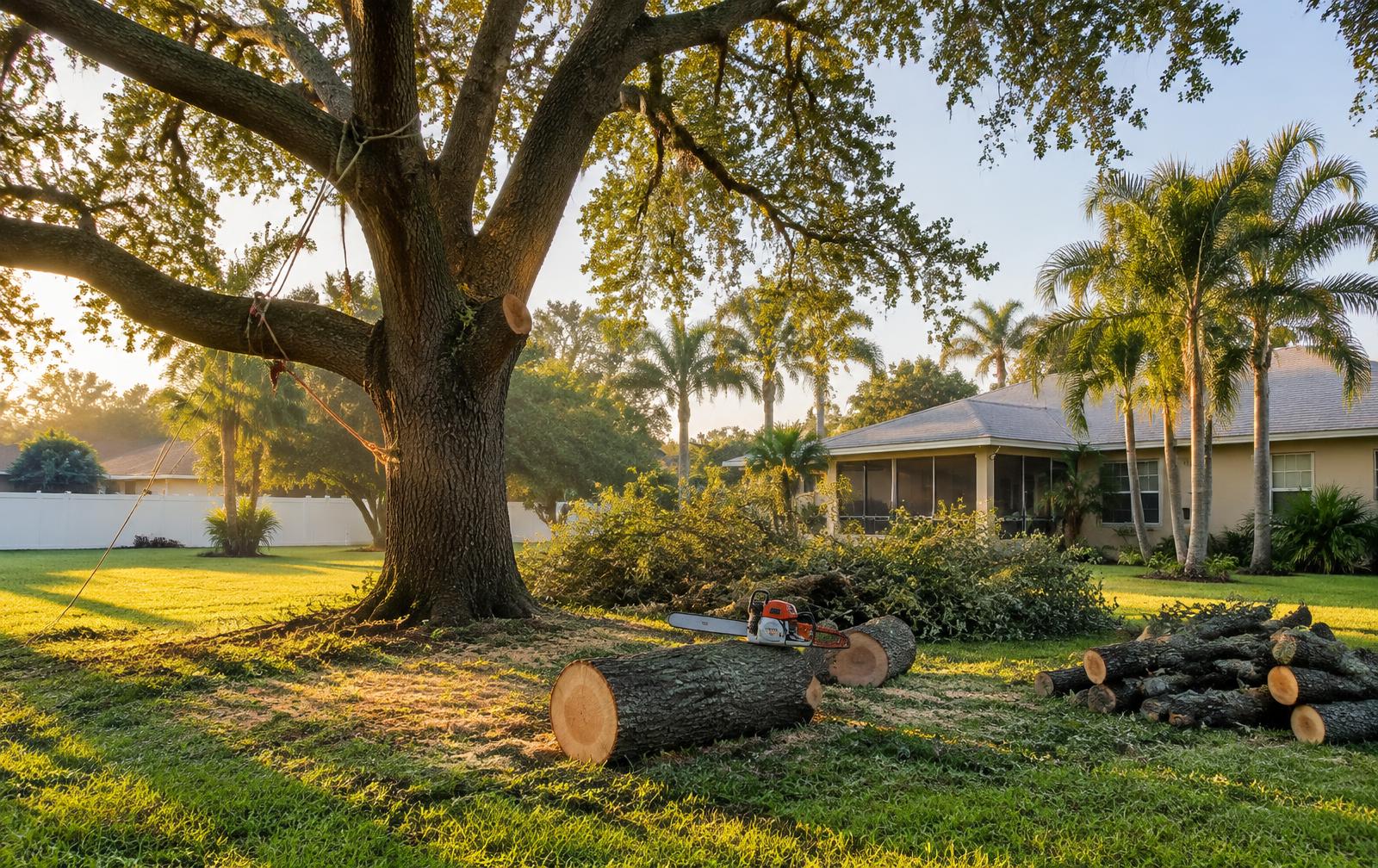 Illustrative image of a large oak being taken down in a Florida backyard